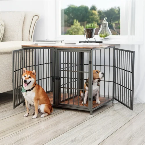 Furniture Dog Crate with Divider – Heavy Duty Wooden Kennel with 4 Doors