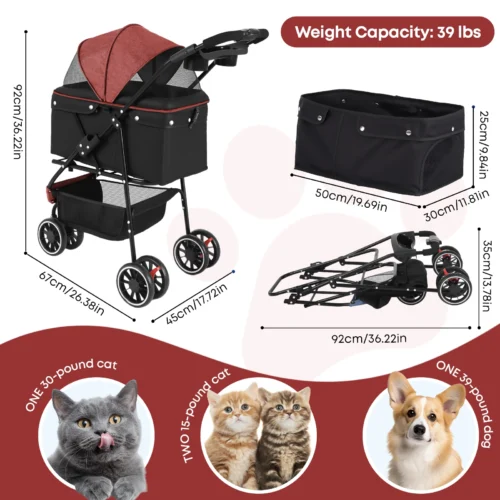 Foldable Pet Stroller – 3-Wheel Travel Cart for Dogs & Cats