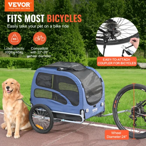 100lbs Dog Bike Trailer with Coupler, Reflectors, Flag, Collapsible to Store for Dogs Travel