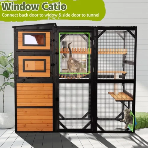 Large 4 Tiers Wood Cat Enclosure Connect to Window with Weatherproof Roof,