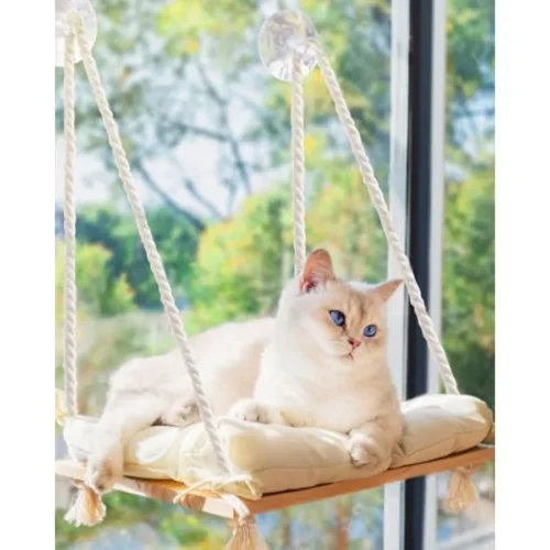 Cat Window Perch with Industrial-Grade Suction Cups - Solid Pine Wood Hammock Bed Soft Cushion - 42 lb Capacity for Cats Inside
