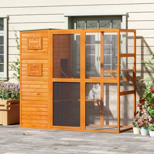 Large Wood Cat Outdoor Enclosure with Weatherproof Roof, 2 Resting Rooms, 2 Platforms, 4-Tier Cat Playpen,