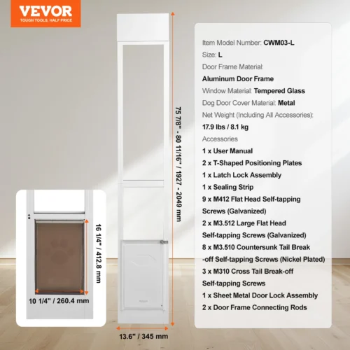 SucceBuy Dog Door Adjustable Height Aluminum Frame Tempered Glass Pet Door