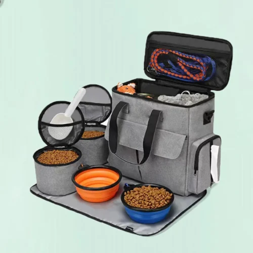 Travel Bag Backpack Pet Organizer for Week Away/Overnight, w/ 2 Food Bags 1 Waterproof Placemat 2 Foldable Bowls